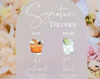 ARCH Frosted Bar Menu Signature Cocktails Custom Clear Glass Look Acrylic Wedding Sign With Stand, His Her Drinks Lucite Perspex