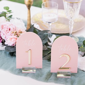 3D ARCH Acrylic Blush Dusty Blue and Gold Table Number Sign With Stands, Perspex Modern Calligraphy Table Numbers, Lucite Minimalist Number