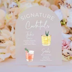 ARCH Frosted Bar Menu Signature Cocktails Custom Clear Glass Look Acrylic Wedding Sign With Stand, His Her Drinks Lucite Perspex