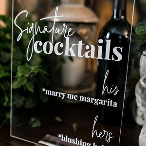 Bar Menu Signature Cocktails Custom Clear Glass Look Acrylic Wedding Sign With Stand, His Her Drinks Lucite Perspex Bar Table Sign