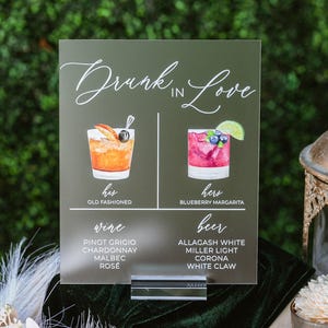 Drunk In Love Bar Menu Signature Cocktails Custom Clear Glass Look Acrylic Wedding Sign + Stand, His Her Drinks Lucite Perspex Table Signs