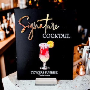 3D Mirror Gold Foil Party Cocktails Bar Menu Signature Cocktails Custom Minimalist Acrylic Wedding Sign, His Her Drinks Lucite