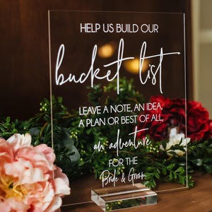 Help Us Make a Bucket List Adventure Clear Glass Look Acrylic Wedding Sign, 8x10 Bucket List Lucite Table Sign