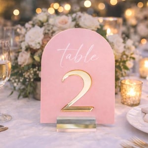 3D ARCH Acrylic Blush Dusty Blue and Gold Table Number Sign With Stands, Perspex Modern Calligraphy Table Numbers, Lucite Minimalist Number