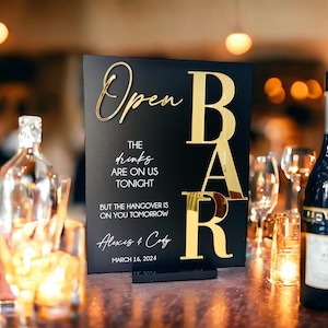 3D Mirror Gold Foil Open Bar Menu Signature Cocktails Custom Minimalist Acrylic Wedding Sign, Drinks on Us Hangover On You Signage