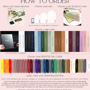 The image is a promotional material for ordering custom 3D mirrors. It features a variety of color options for customers to choose from, along with images of the mirrors in different colors. The text provides instructions on how to order the mirrors, including making a stand selection, choosing a size, and selecting a 3D mirror color. The image also includes a color swatch for customers to compare the colors of the mirrors to their own.