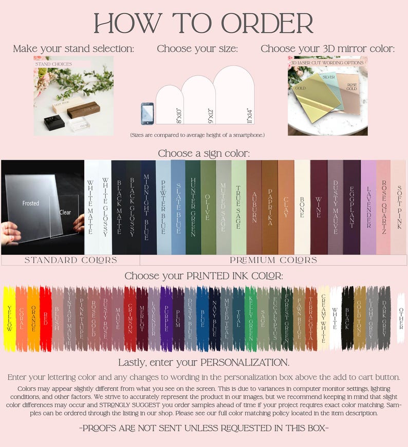 The image is a promotional material for ordering custom 3D mirrors. It features a variety of color options for customers to choose from, along with images of the mirrors in different colors. The text provides instructions on how to order the mirrors, including making a stand selection, choosing a size, and selecting a 3D mirror color. The image also includes a color swatch for customers to compare the colors of the mirrors to their own.