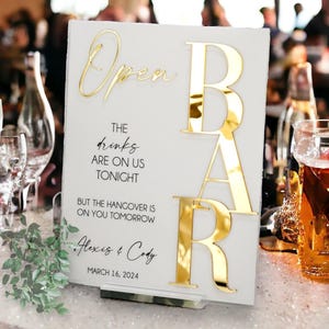 3D Mirror Gold Foil Open Bar Menu Signature Cocktails Custom Minimalist Acrylic Wedding Sign, Drinks on Us Hangover On You Signage