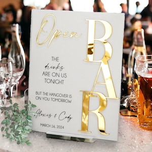3D Mirror Gold Foil Open Bar Menu Signature Cocktails Custom Minimalist Acrylic Wedding Sign, Drinks on Us Hangover On You Signage