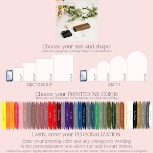 The image is a promotional poster for a customizable stand selection service. It features a visual representation of a stand and a color swatch for choosing the printed ink color. The text provides instructions on how to order a stand, including selecting the size and shape, choosing the printed ink color, and personalizing the order. The image also includes a warning that Proofs are not sent unless requested in the box.