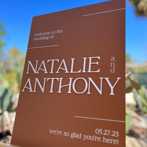 3D Neutral Natural Colors Boho Welcome To The Wedding Of Terracotta Rust Acrylic Sign, Desert Vibes Names And Date Minimalist Event Signage