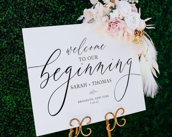 Frosted Clear or Black Glass Look Acrylic Welcome To Our Beginning Ceremony or Wedding Welcome Sign, 18x24 Personalized Lucite Plexiglass