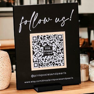 3D Follow Us Or Leave Us A Review Retail Scannable QR Code Clear Glass Look Acrylic Sign, Instagram Hashtag Plexiglass Perspex Lucite Table