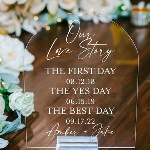 ARCH Our Love Story First Day Yes Day Best Day Clear Glass Look Acrylic Wedding Sign, Sweetheart Table Lucite Table Sign