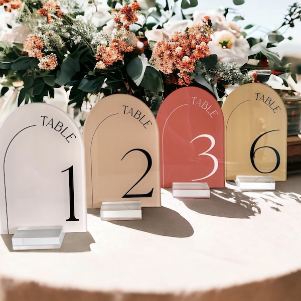 ARCH Custom Wedding Luxe Color Palette Acrylic Table Numbers Signage Set, Blush, Dusty Blue, Sage, Terracotta, Personalized Painted Look