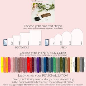 The image is a promotional poster for a customizable stand selection service. It features a visual representation of a stand and a color swatch for choosing the printed ink color. The text provides instructions on how to order a stand, including selecting the size and shape, choosing the printed ink color, and personalizing the order. The image also includes a warning that Proofs are not sent unless requested in the box.