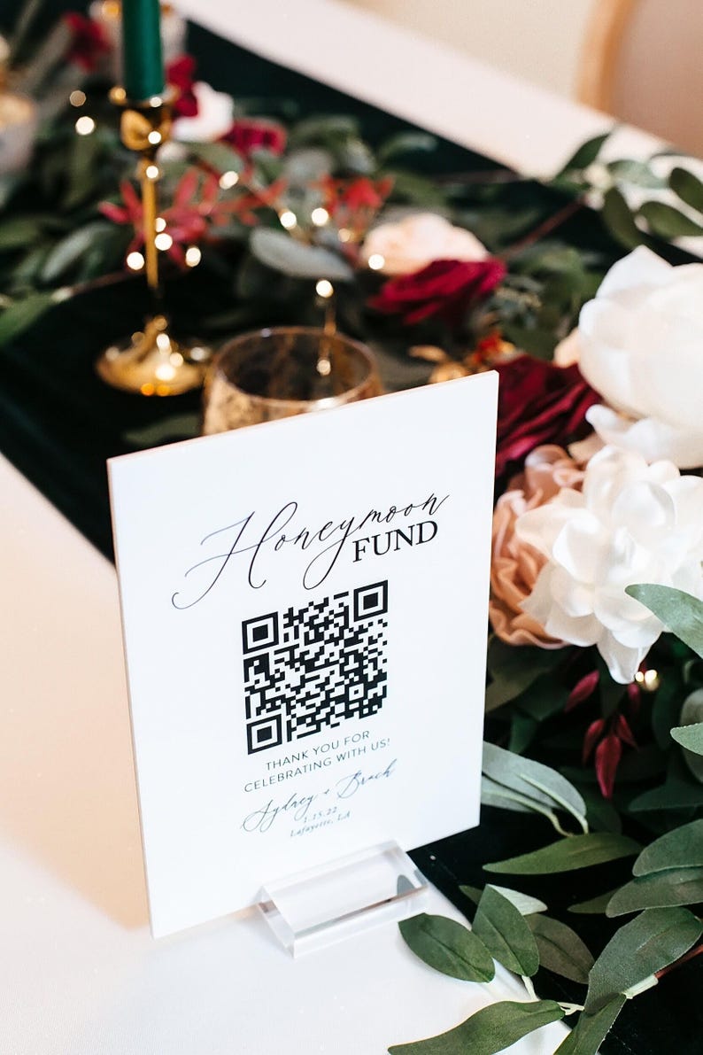 Scannable Honeymoon Wedding Fund QR Code Clear, Black, White or FROSTED Sign, Venmo Cashapp Modern Minimalist Wedding Cash Gift Acrylic Sign image 3