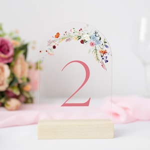 ARCH Wildflower Acrylic Table Number Sign With Stands, Garden Wedding Perspex Modern Floral Table Numbers, Bridal Shower Tea Party