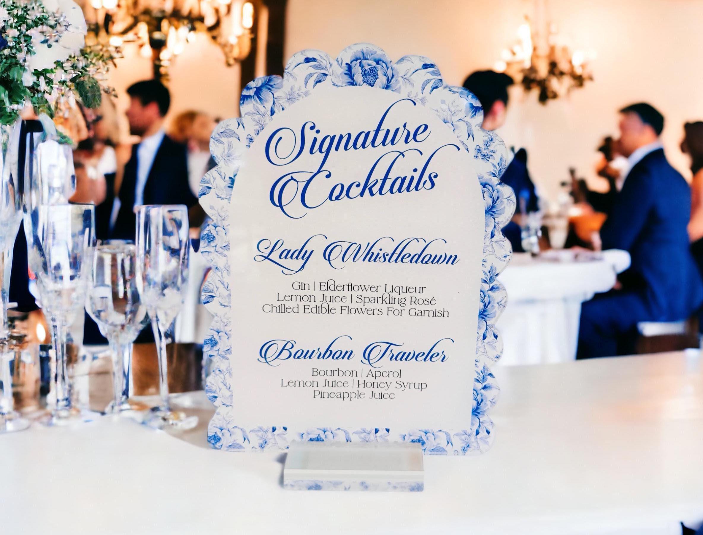 Scallop Arch Blue Toile Floral Chinoiserie Bridal Shower or Wedding Reception Signature Cocktail Arch Sign, French Blue Bar Menu Drinks