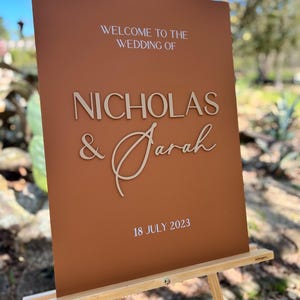 3D Neutral Natural Colors Boho Welcome To The Wedding Of Terracotta Rust Acrylic Sign, Desert Vibes Names And Date Minimalist Event Signage