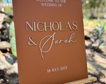 3D Neutral Natural Colors Boho Welcome To The Wedding Of Terracotta Rust Acrylic Sign, Desert Vibes Names And Date Minimalist Event Signage