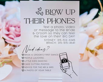 Blow Up Their Phones Wedding Table Sign Text or Video Bride and Groom Memories Acrylic Black and Gold Wedding I Spy Games, Photo Guestbook