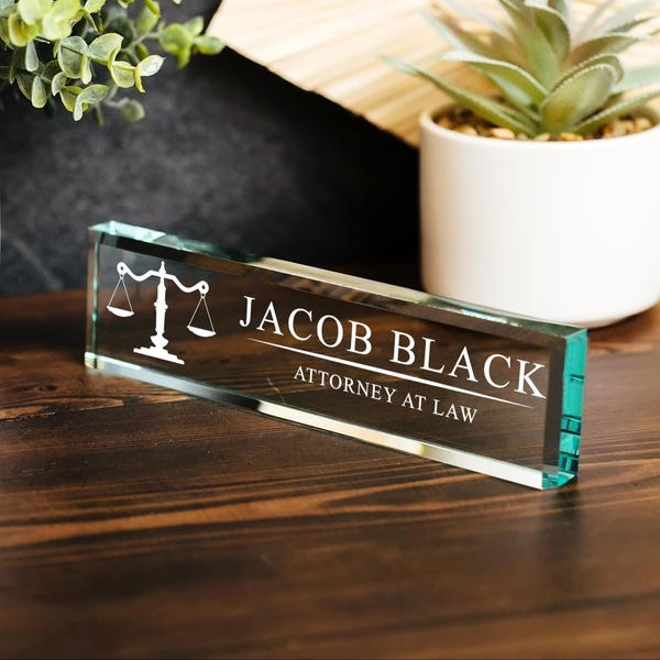 Attorney Glass Office Desk Name Plate, Clear JD Judge Nameplate, Lawyer Appreciation Gift, Juris Doctor Judge Law School Graduation