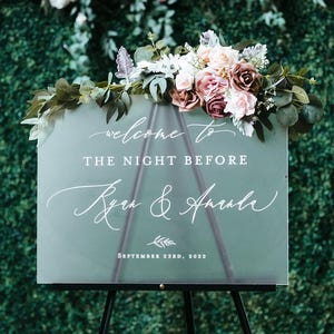 Welcome To The Night Before Frosted Clear or Black Glass Look Acrylic Wedding Rehearsal Dinner Sign, Personalized Lucite Plexiglass