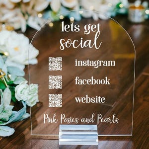 ARCH Lets Get Social Follow Us Or Leave A Review Retail Scannable QR Code Acrylic Sign, Instagram Hashtag Plexiglass Perspex Lucite Table
