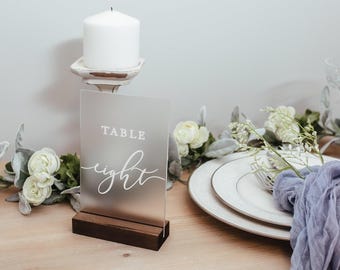 FROSTED Glass Look Acrylic Table Number Sign With Stands, Perspex Modern Calligraphy Table Numbers, Lucite Minimalist Number