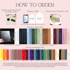 The image is a 3D mirror with various color options available for ordering. It shows a selection of standard and premium colors, along with a phone and a hand holding a clear glass. The colors may appear slightly different from what you see on the screen due to variations in computer monitor settings, lighting conditions, and the quality of the image. The image also includes a color matching policy for ordering the colors through the ordering system.