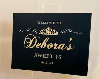 3D Sweet Sixteen Acrylic Welcome Sign, Personalized Modern Laser Frosted Gold  Signage, Quinceañera decorations