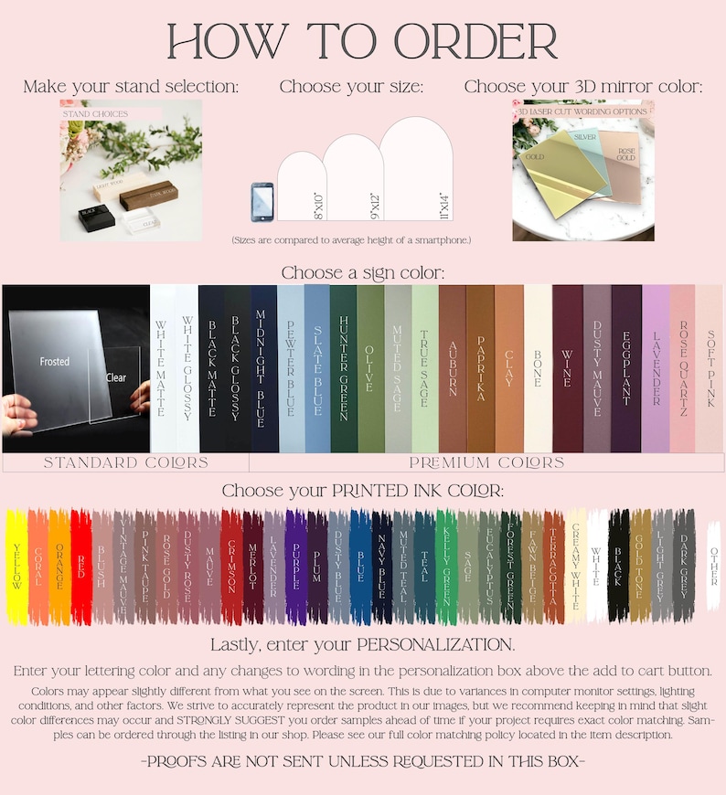 The image is a promotional material for ordering custom 3D mirrors. It features a variety of color options for customers to choose from, along with images of the mirrors in different colors. The text provides instructions on how to order the mirrors, including making a stand selection, choosing a size, and selecting a 3D mirror color. The image also includes a color swatch for customers to compare the colors of the mirrors to their own.