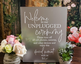 Unplugged Ceremony Clear Glass Look Acrylic Wedding Sign, Unplug Be Present and Enjoy This Moment Photographers Handle Rest Lucite Perspex