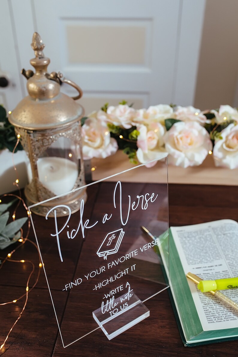 Pick Or Highlight Your Favorite Bible Verse Guestbook Clear Glass Look Acrylic Wedding Sign, Guest Book Plexiglass Perspex Lucite Table Sign image 3