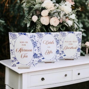 Toile Sign BUNDLE Set Wedding Chinoiserie Acrylic Signs, Blue Floral Elegant French Event Signage, Guestbook, Cards and Gifts, Loving Memory