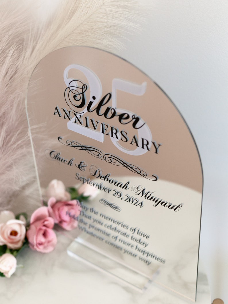 ARCH 25th Silver Mirror Wedding Anniversary Sign Personalized Gift Plaque For Spouse, Twenty Fifth Party Gift For Couples