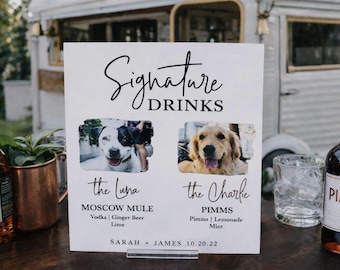 BEST SELLER Signature Pet Drinks Acrylic Wedding Sign for Bar, Cocktails Sign with Dog Cat Party Sign with Pet His and Hers Bar Menu