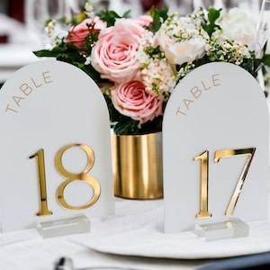 3D ARCH Acrylic White, Blush, Dusty Blue and Gold Table Number Sign With Stands, Perspex Lucite Modern Calligraphy Wedding Table No.