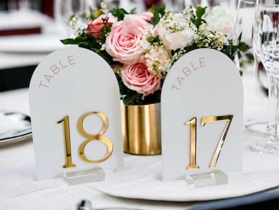 3D ARCH Acrylic White, Blush, Dusty Blue and Gold Table Number Sign With Stands, Perspex Lucite Modern Calligraphy Wedding Table No.
