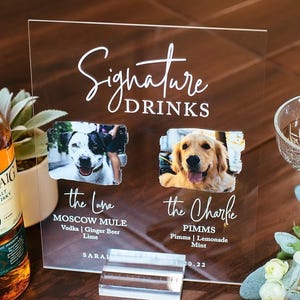 BEST SELLER Signature Pet Drinks Acrylic Wedding Sign for Bar, Cocktails Sign with Dog Cat Party Sign with Pet His and Hers Bar Menu