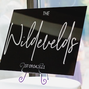 Last Name Established Date Clear Glass Look Acrylic Wedding Welcome Sign, 18x24 Personalized Modern Custom Sign Decoration Display,