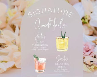 ARCH Frosted Bar Menu Signature Cocktails Custom Clear Glass Look Acrylic Wedding Sign With Stand, His Her Drinks Lucite Perspex