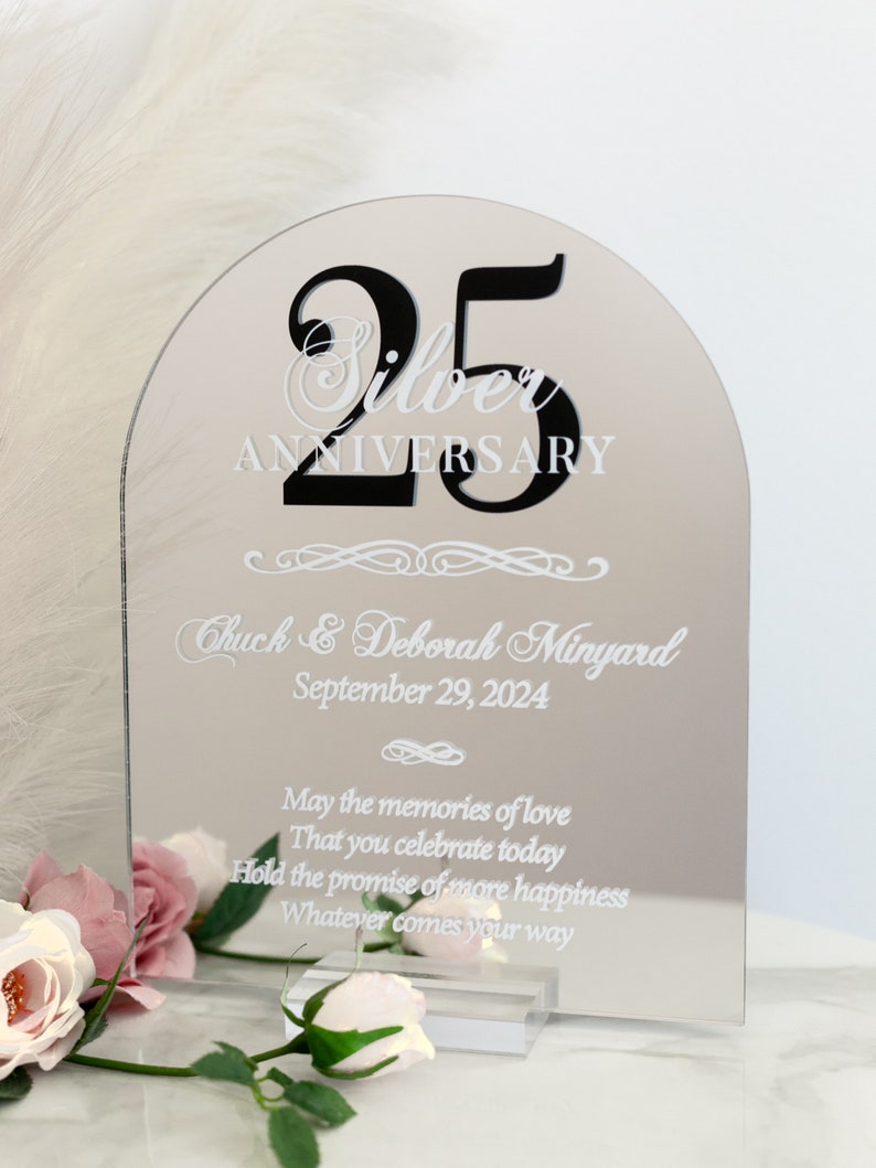 ARCH 25th Silver Mirror Wedding Anniversary Sign Personalized Gift Plaque For Spouse, Twenty Fifth Party Gift For Couples