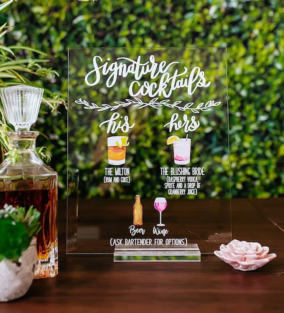 Bar Menu Signature Cocktails Custom Clear Glass Look Acrylic Wedding Sign  With Stand, His Her Drinks Lucite Perspex Bar Table Sign 