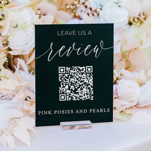 Leave Us A Review Retail Scannable QR Code Clear Glass Look Acrylic Sign, Instagram Hashtag Plexiglass Perspex Lucite Table Sign