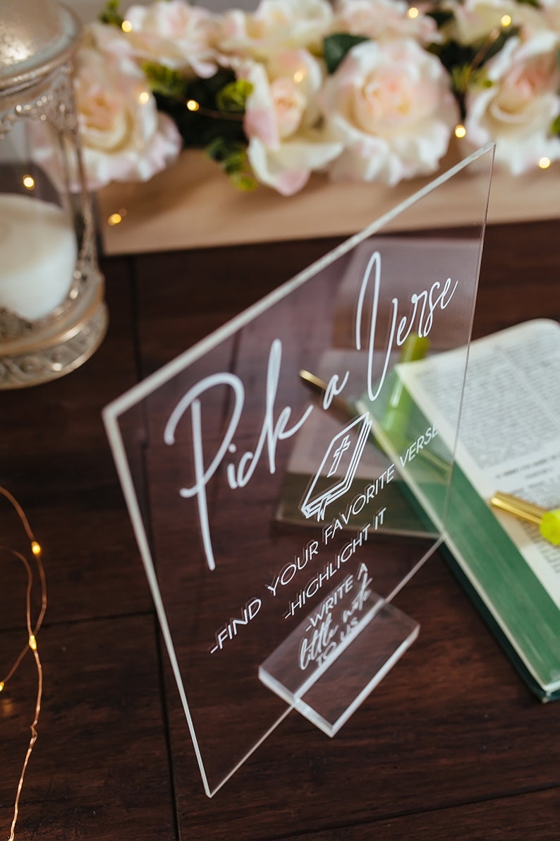 Pick Or Highlight Your Favorite Bible Verse Guestbook Clear Glass Look Acrylic Wedding Sign, Guest Book Plexiglass Perspex Lucite Table Sign image 4