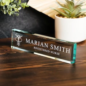 Healthcare Glass Office Desk Name Plate, Clear Medical Nameplate, Doctorate MD Med School Exam Gift, New Job or Grad With Doctor Caduceus