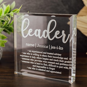 Leader Definition Crystal Glass Plaque, for Employee Recognition, CEO, Life Coach Trophy, Appreciation Gift Plaque, Present from Staff, Boss