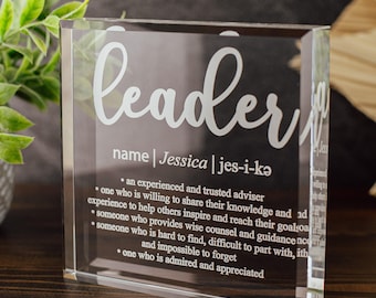 Leader Definition Crystal Glass Plaque, for Employee Recognition, CEO, Life Coach Trophy, Appreciation Gift Plaque, Present from Staff, Boss